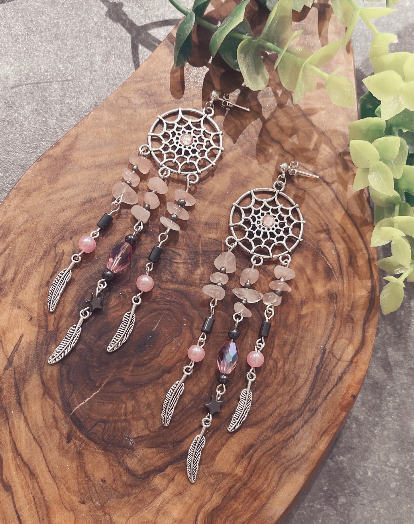 Boho Witch Goddess Star & Feather Earrings - Pagan Witch Wicca Rose Quartz