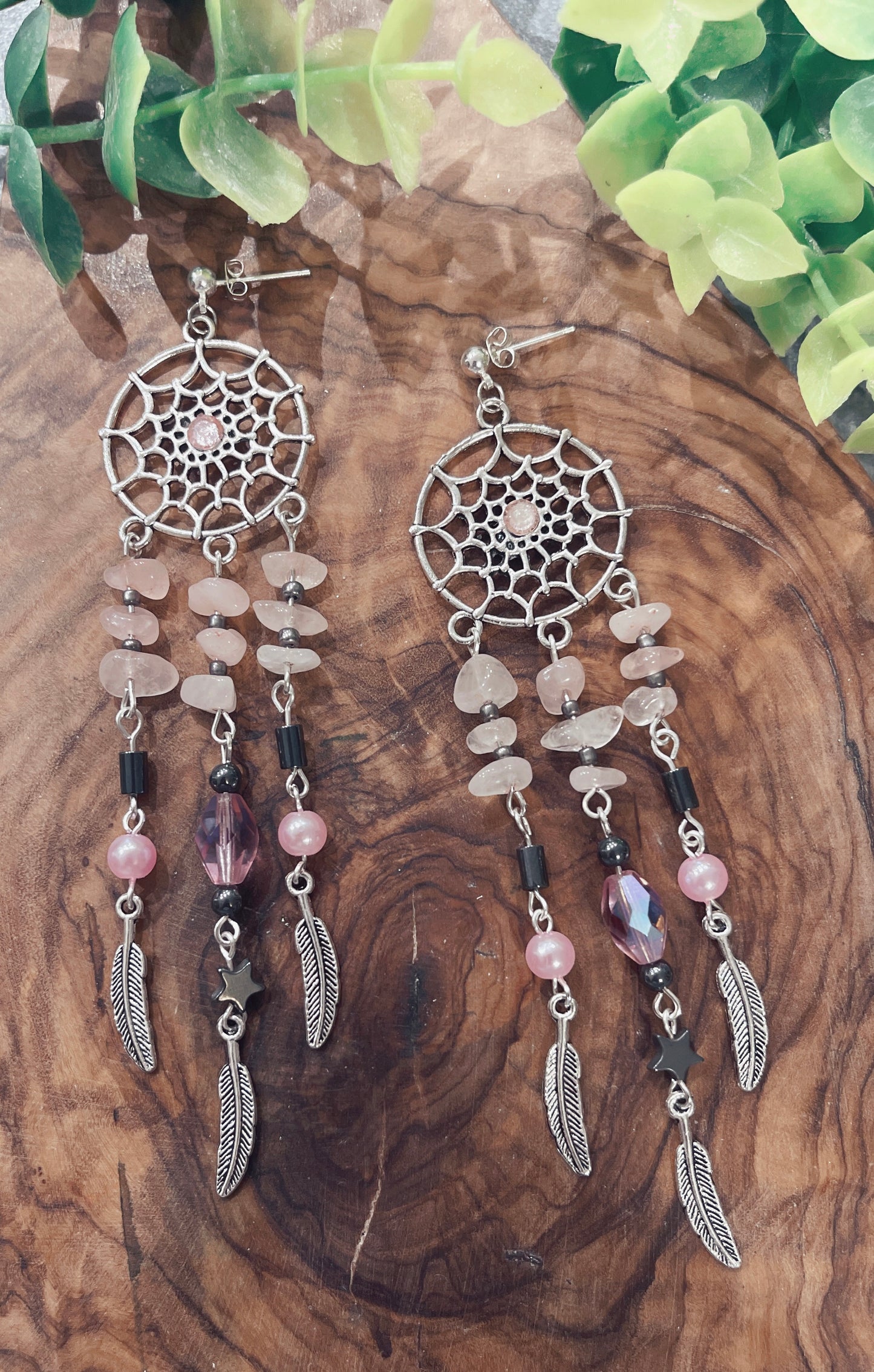 Boho Witch Goddess Star & Feather Earrings - Pagan Witch Wicca Rose Quartz