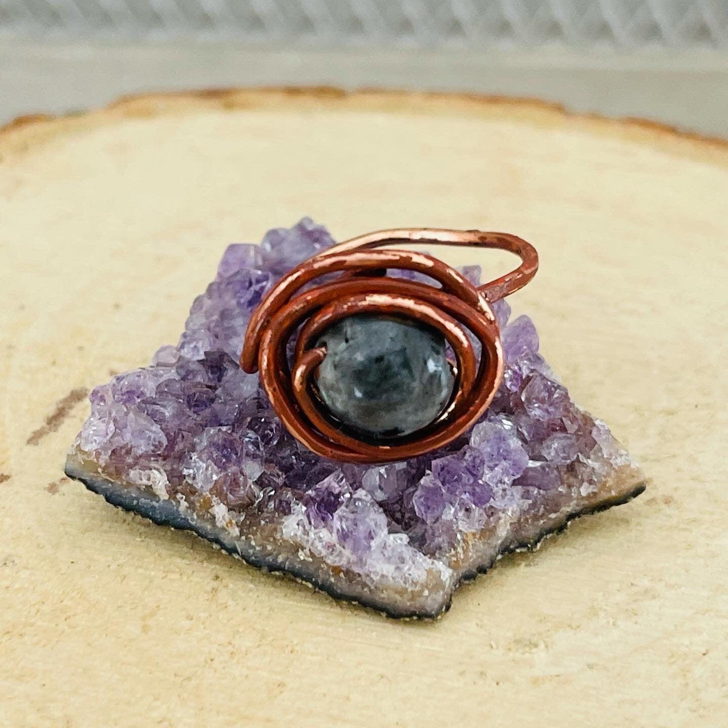 Black Labradorite Black Moonstone Copper Wire Wrapped Ring