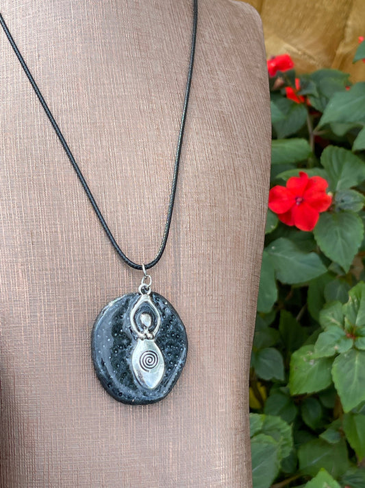 Pebble Spiral Goddess Pendant on Cotton Cord Necklace - Wicca Pagan Spiritual Jewellery