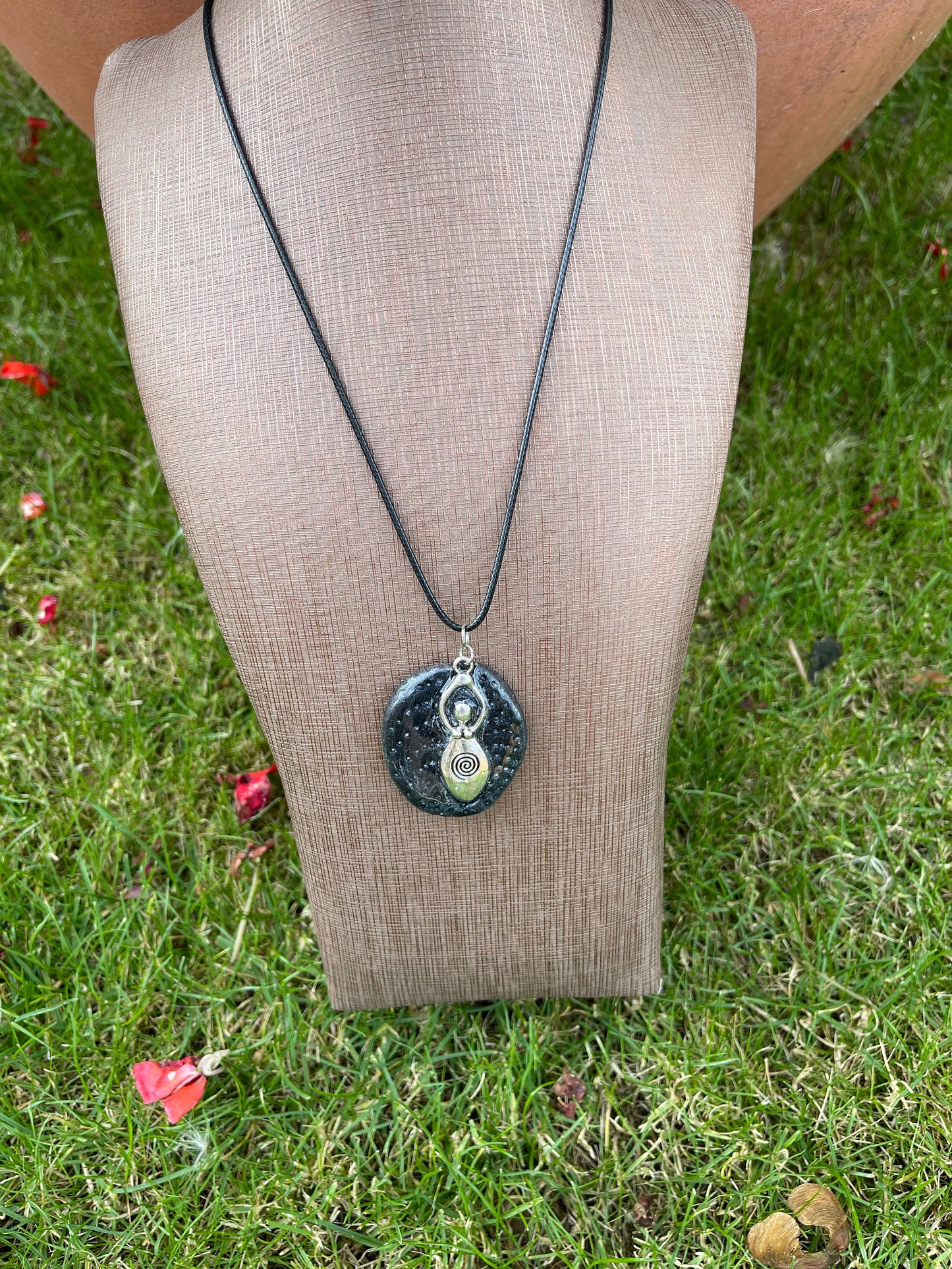 Pebble Spiral Goddess Pendant on Cotton Cord Necklace - Wicca Pagan Spiritual Jewellery