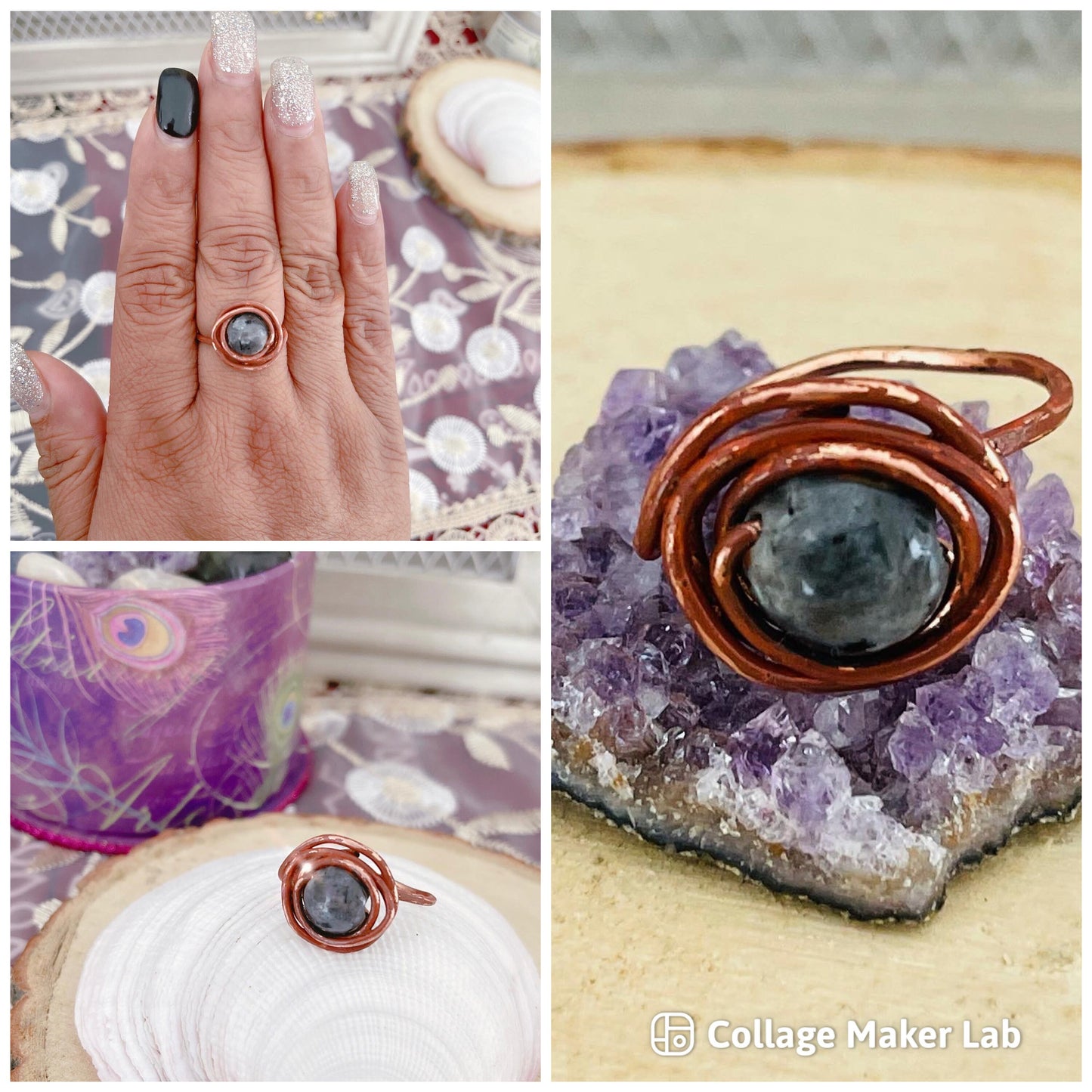 Black Labradorite Black Moonstone Copper Wire Wrapped Ring