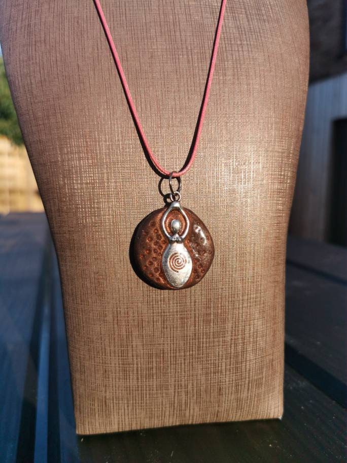 Pebble Spiral Goddess Pendant on Cotton Cord Necklace - Wicca Pagan Spiritual Jewellery