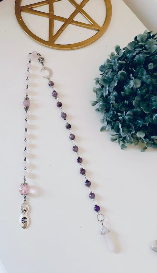 Rose Quartz and Amethyst Goddess Moon Rosary Beads Set Pagan Wicca Spiritual Prayer Beads