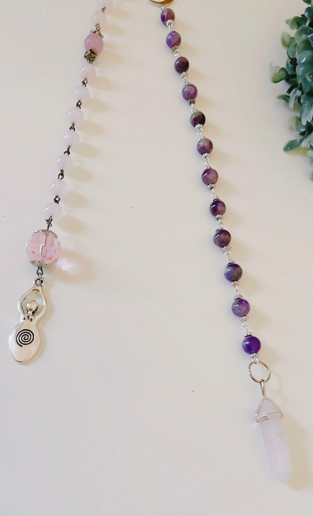 Rose Quartz and Amethyst Goddess Moon Rosary Beads Set Pagan Wicca Spiritual Prayer Beads