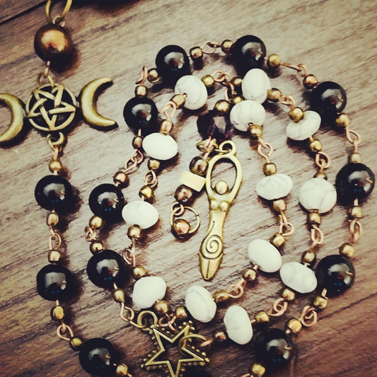 Meditation, Stability and Balance Obsidian & Howlite Crystal Healing Rosary - Wicca Witch Pagan Goddess