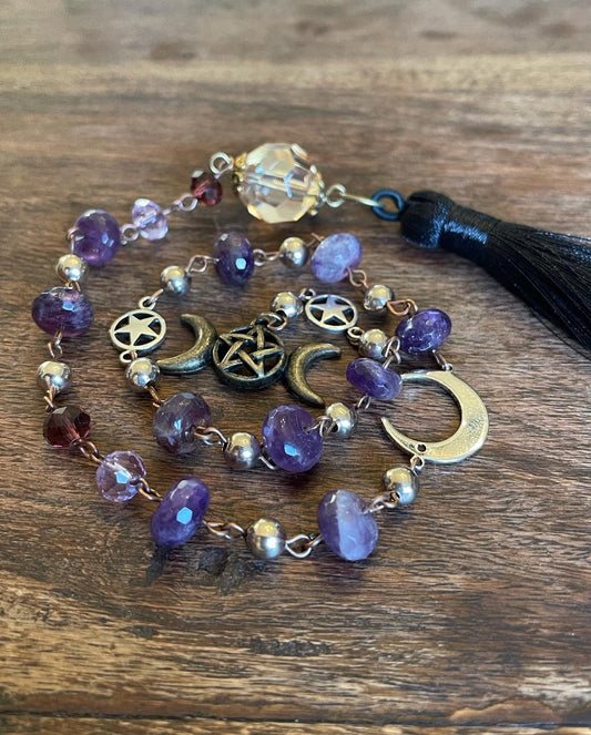 Intuition, Dreams and Power Purple Amethyst Crystal Crescent and Triple Moon Rosary - Wicca Pagan Goddess Accessories