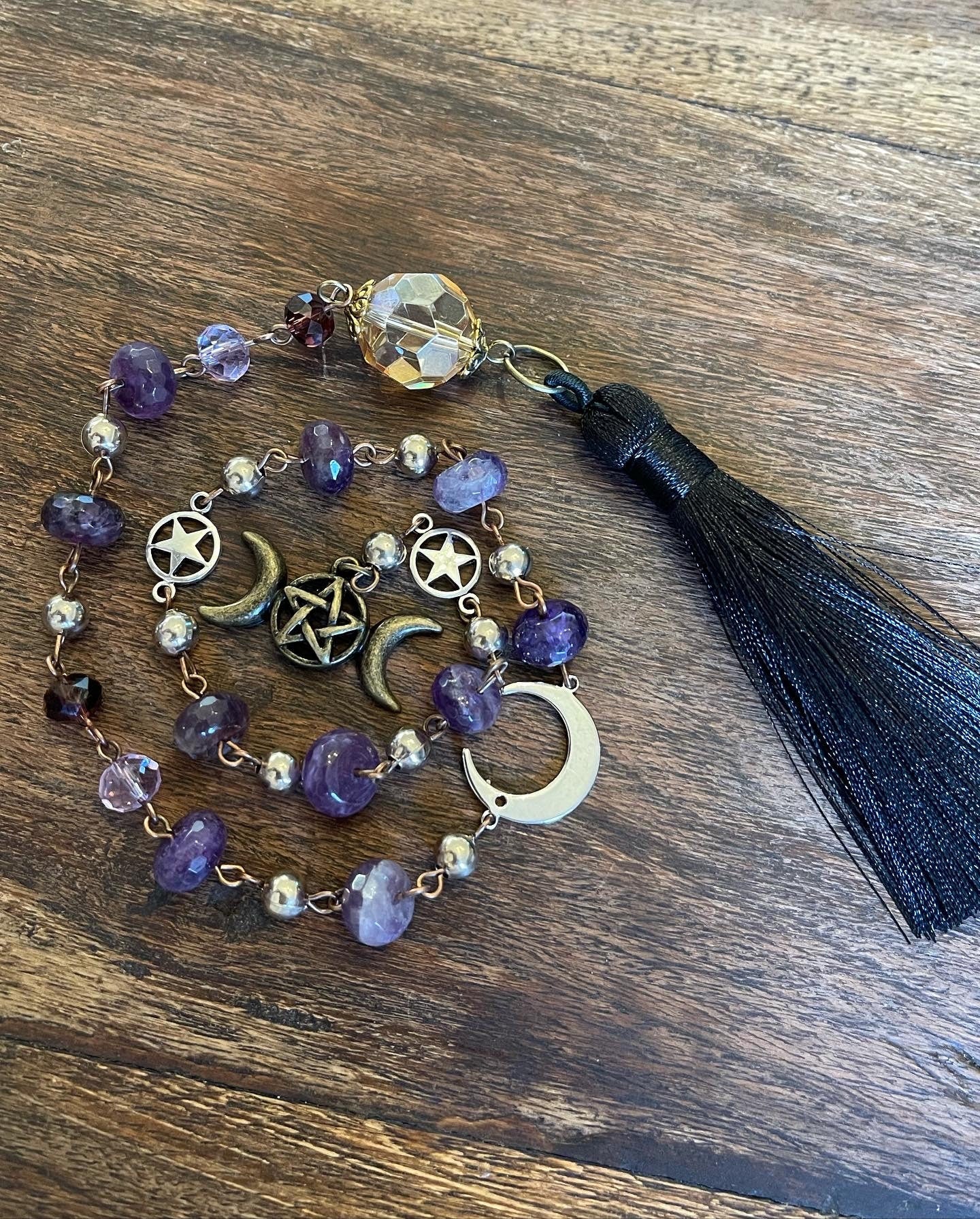 Intuition, Dreams and Power Purple Amethyst Crystal Crescent and Triple Moon Rosary - Wicca Pagan Goddess Accessories