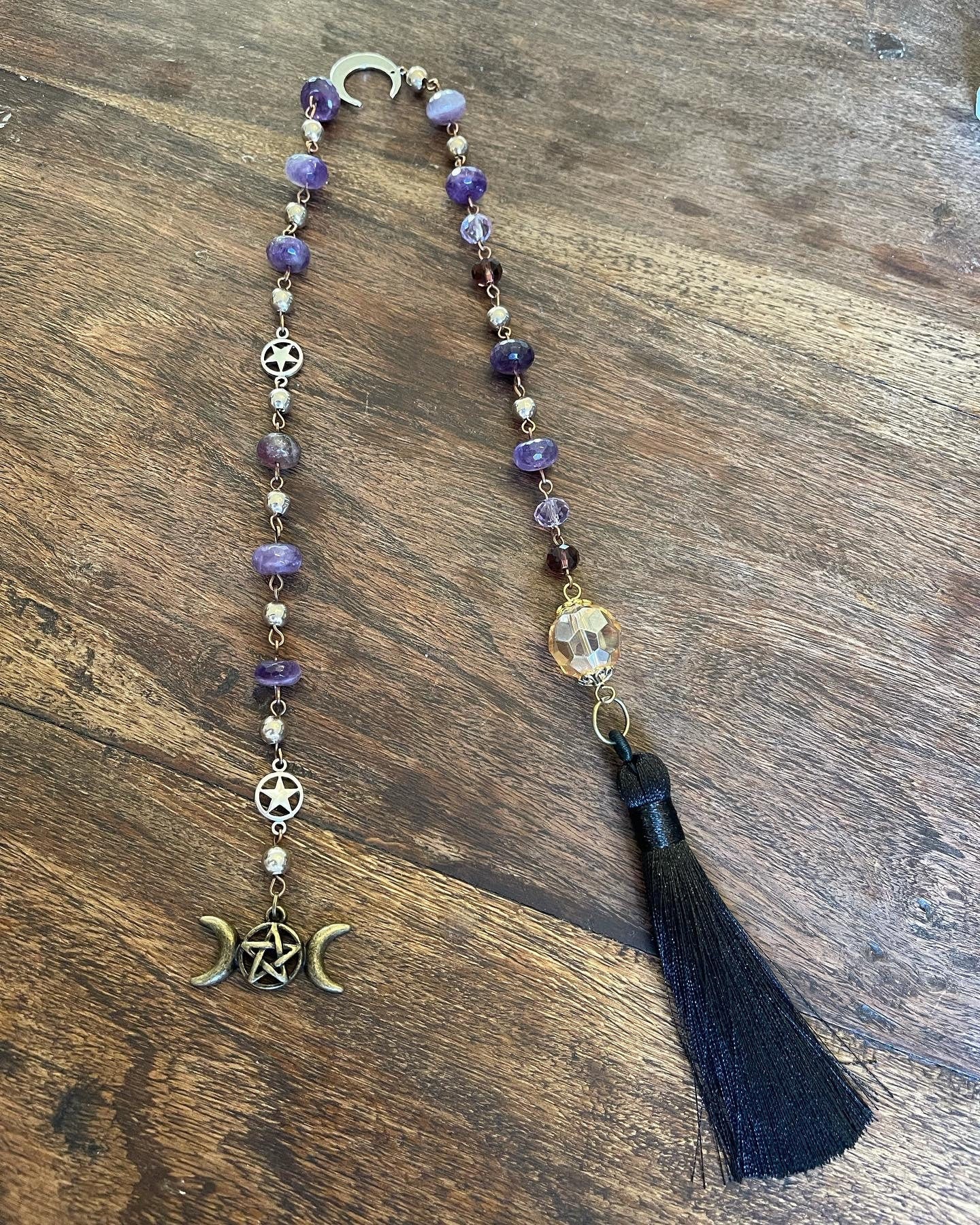 Intuition, Dreams and Power Purple Amethyst Crystal Crescent and Triple Moon Rosary - Wicca Pagan Goddess Accessories