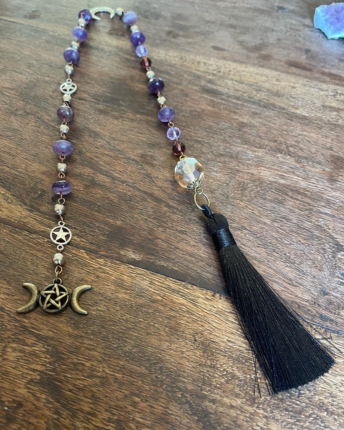 Intuition, Dreams and Power Purple Amethyst Crystal Crescent and Triple Moon Rosary - Wicca Pagan Goddess Accessories