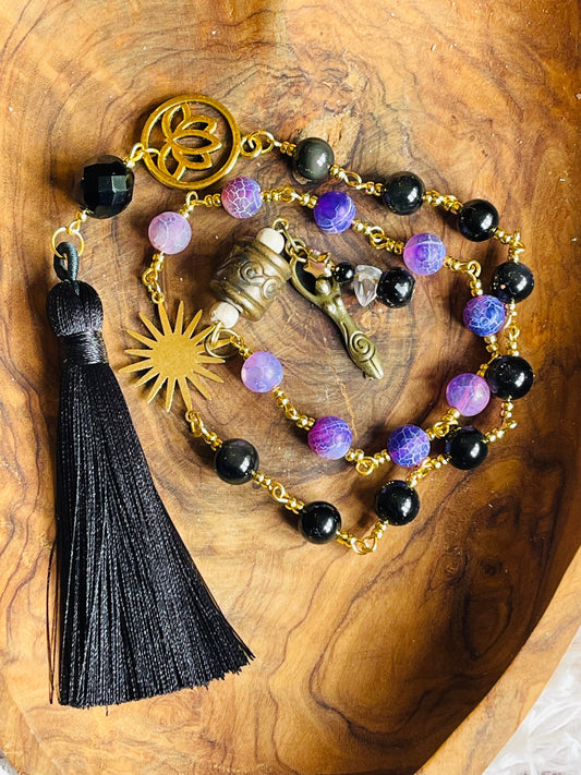 Power, Protection and Stability Obsidian & Purple Agate Healing Rosary - Wicca Witch Pagan Goddess