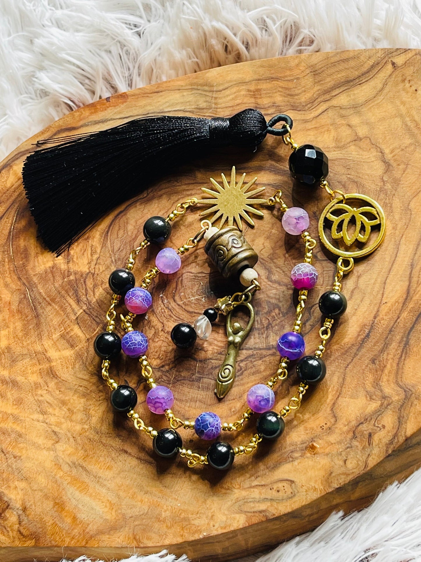 Power, Protection and Stability Obsidian & Purple Agate Healing Rosary - Wicca Witch Pagan Goddess