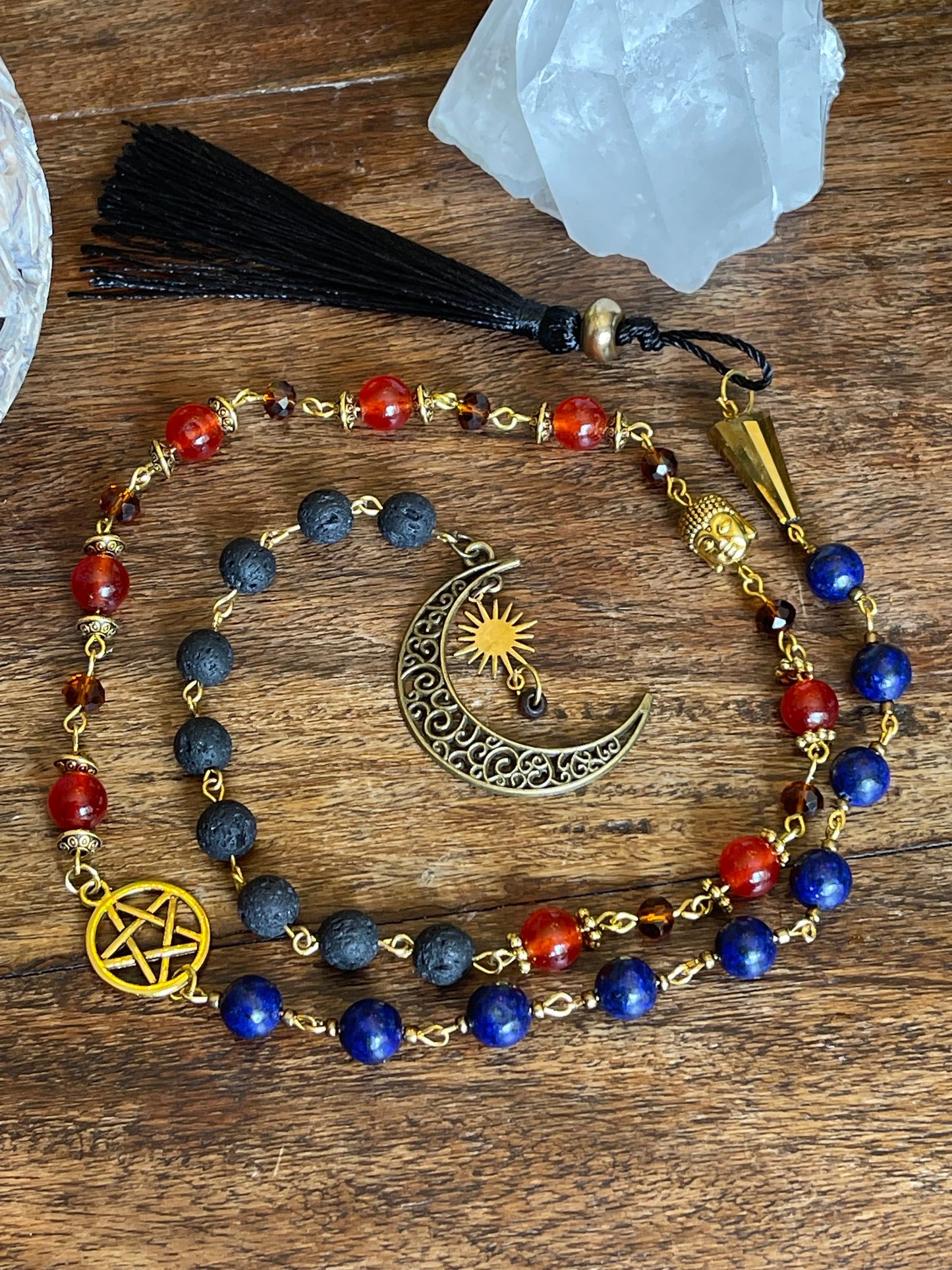 Grief, Sorrow, Strength Lapiz Lazuli Red Agate Rosary - Wicca Witch Pagan Moon Sun