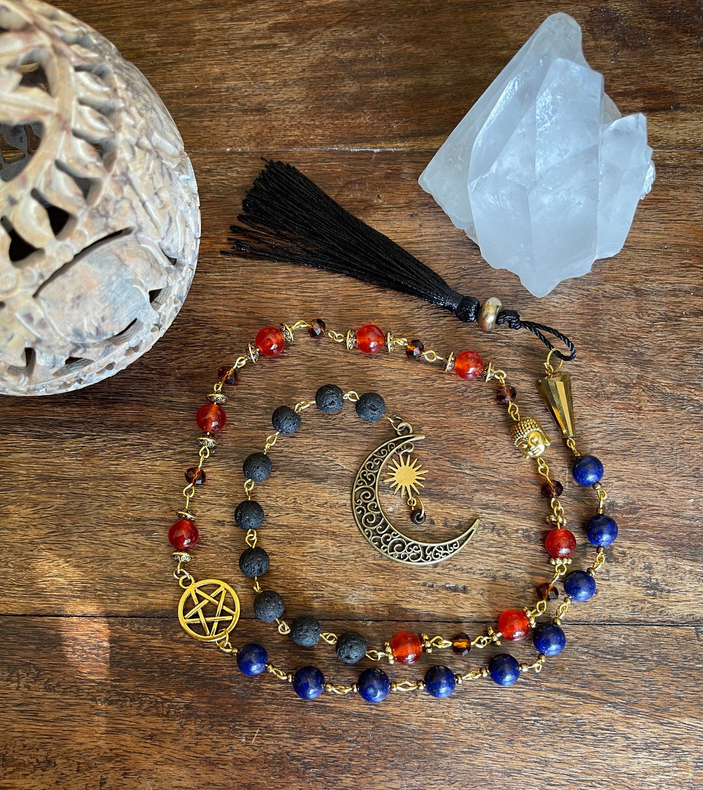 Grief, Sorrow, Strength Lapiz Lazuli Red Agate Rosary - Wicca Witch Pagan Moon Sun