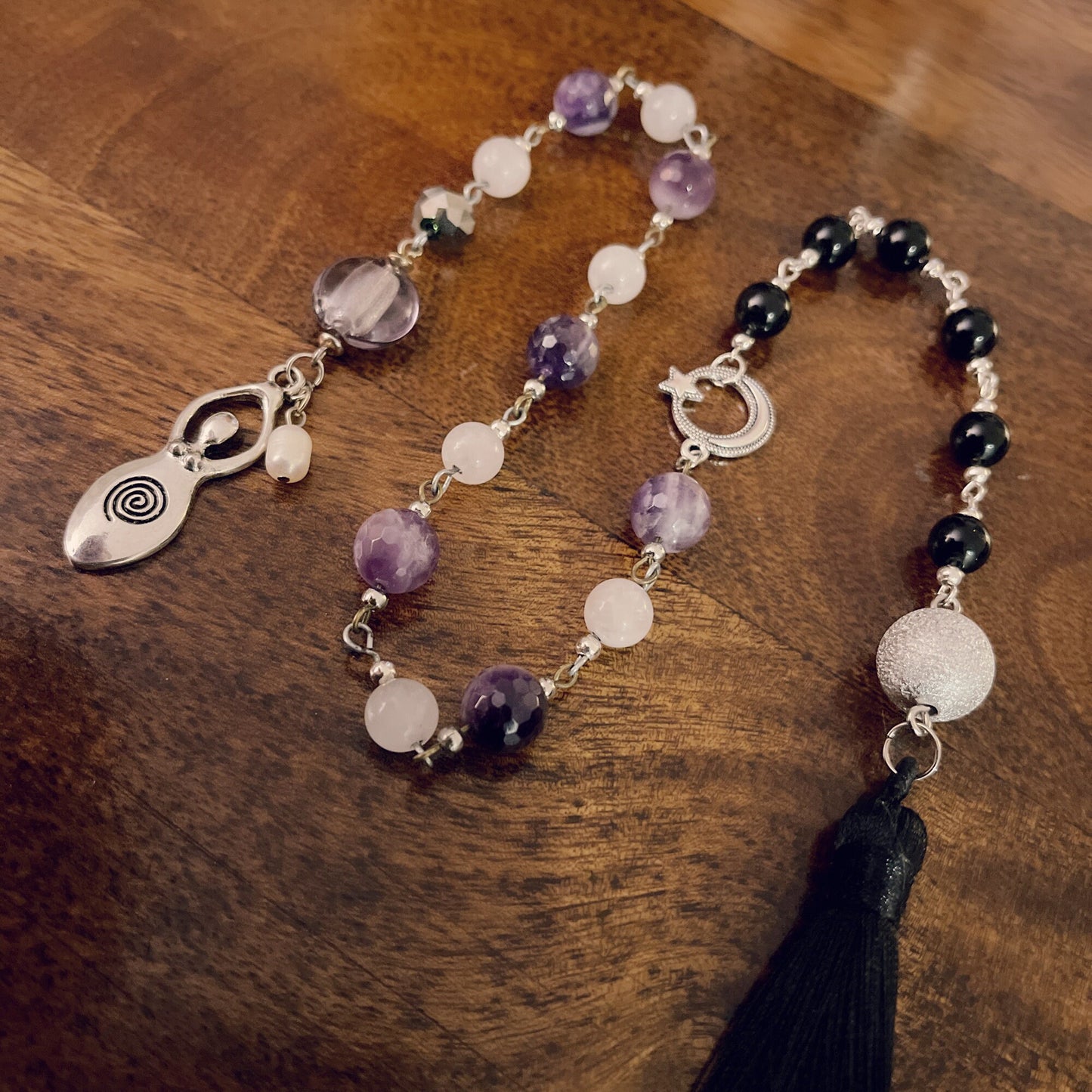 Moon & Star Meditation Amethyst  Rose Quartz Healing Rosary Wicca  Pagan Goddess