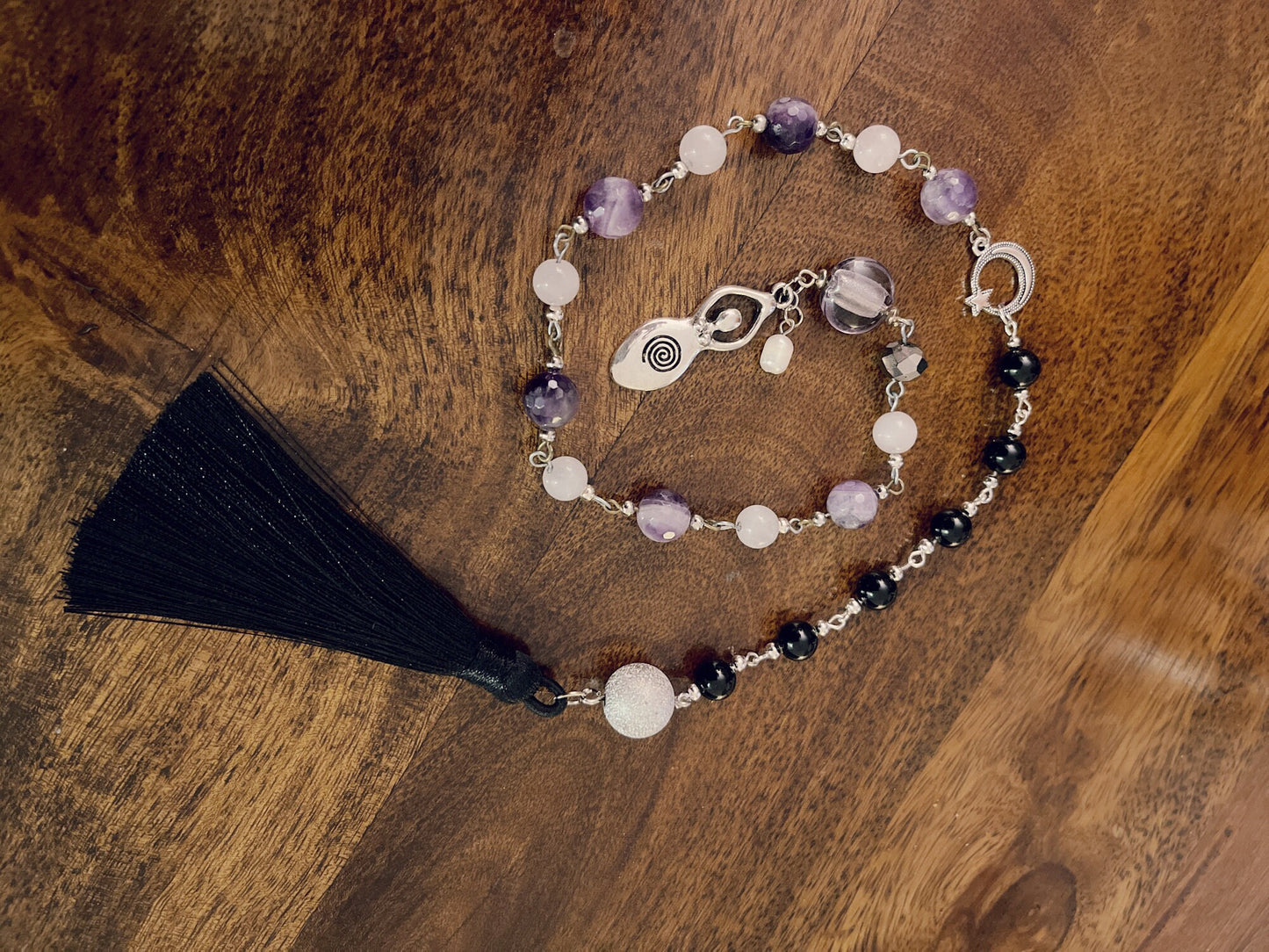 Moon & Star Meditation Amethyst  Rose Quartz Healing Rosary Wicca  Pagan Goddess