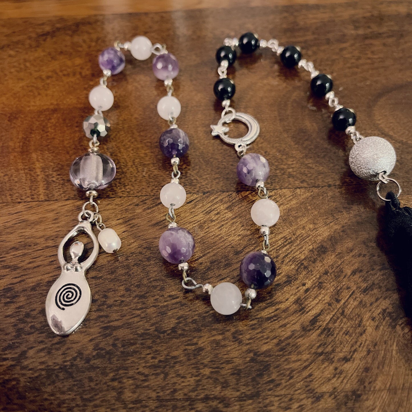 Moon & Star Meditation Amethyst  Rose Quartz Healing Rosary Wicca  Pagan Goddess