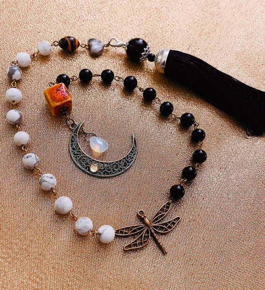 Transformation Strength Manifestation Rosary Howlite and Black Obsidian and Opalite Crystal Healing Moon Dragonfly Pagan Wicca