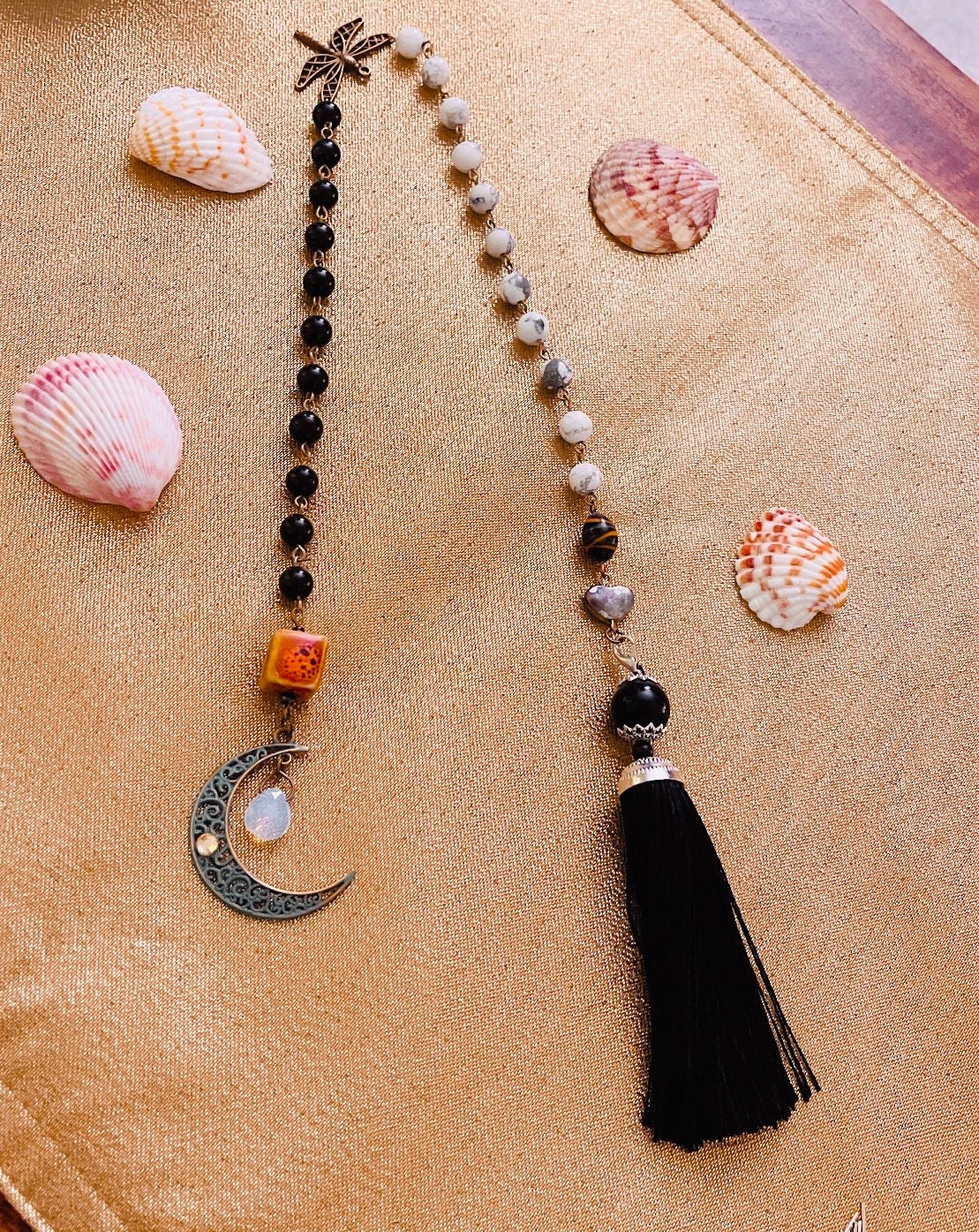 Transformation Strength Manifestation Rosary Howlite and Black Obsidian and Opalite Crystal Healing Moon Dragonfly Pagan Wicca