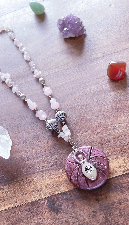 Spiral Goddess Wicca Pagan Pendant Rose Quartz or Green Aventurine Crystal Healing Necklace