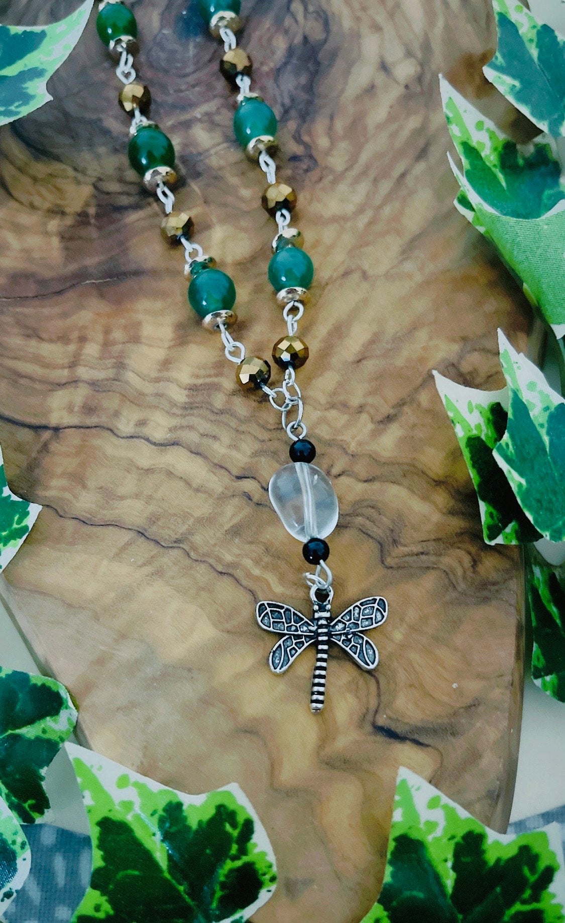 Prosperity and Abundance Dragonfly Pendant Necklace - Green Jade & Clear Quartz Pagan Wicca Nature Jewellery