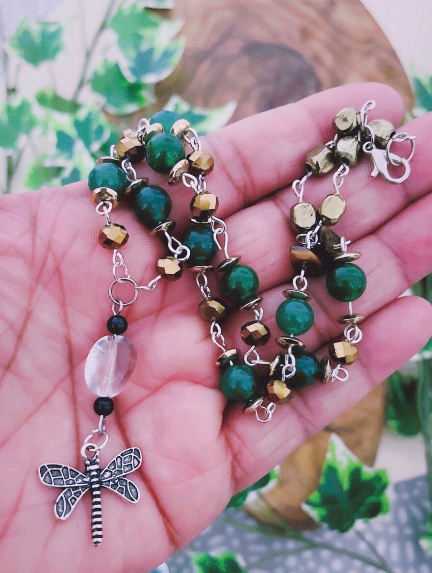 Prosperity and Abundance Dragonfly Pendant Necklace - Green Jade & Clear Quartz Pagan Wicca Nature Jewellery