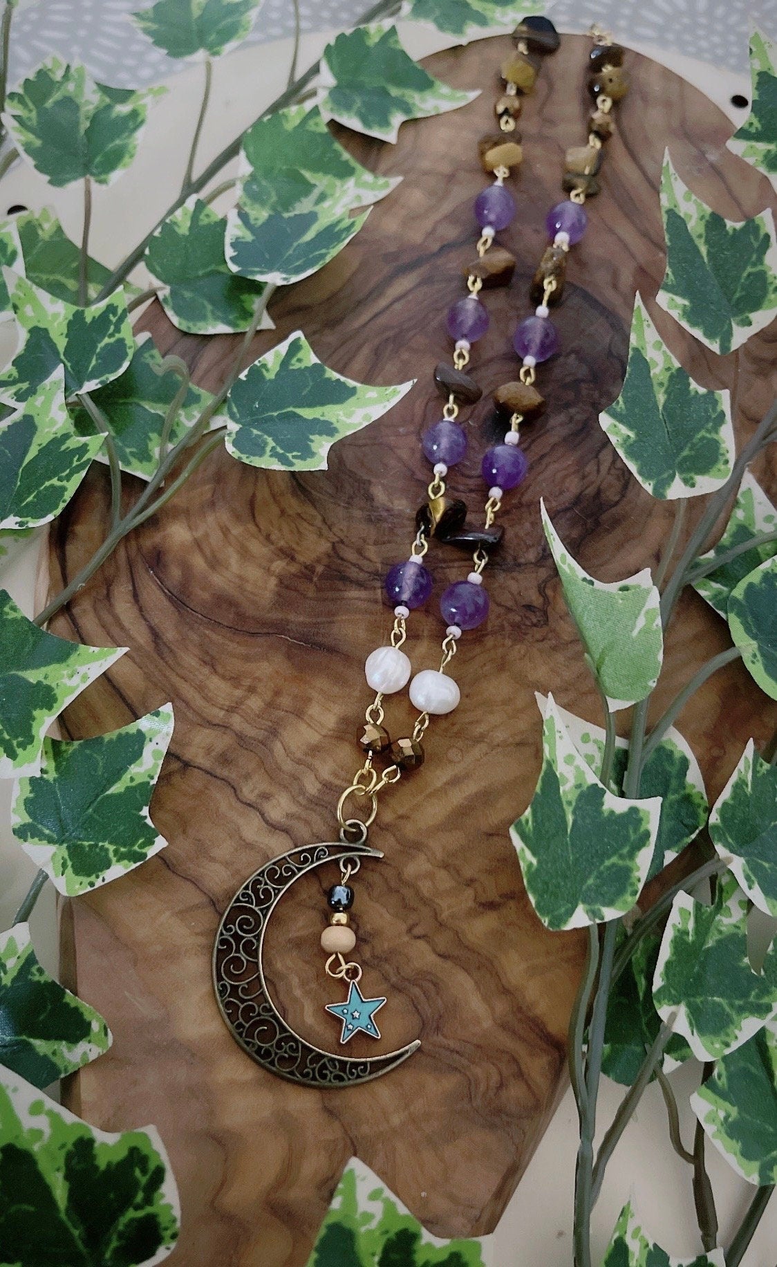 Intuition Dreams and Strength Amethyst and Tiger’s Eye Moon With Star Necklace - Wicca Pagan Witch Jewellery