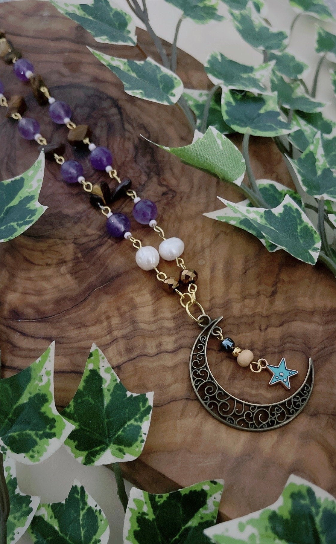 Intuition Dreams and Strength Amethyst and Tiger’s Eye Moon With Star Necklace - Wicca Pagan Witch Jewellery