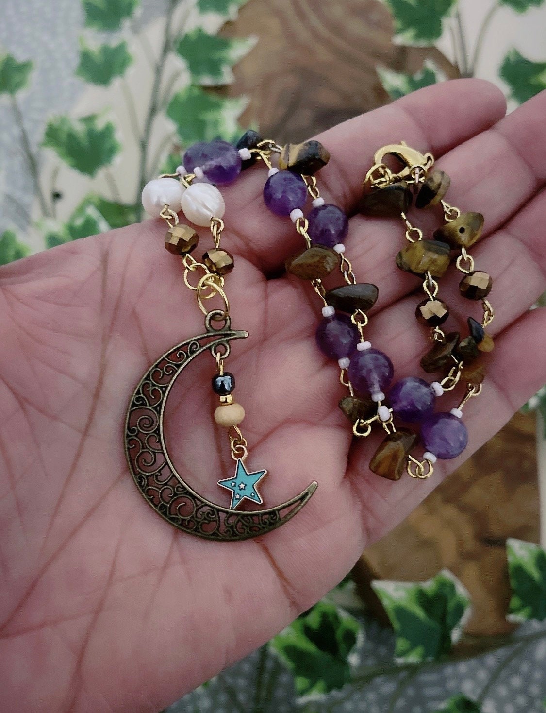 Intuition Dreams and Strength Amethyst and Tiger’s Eye Moon With Star Necklace - Wicca Pagan Witch Jewellery