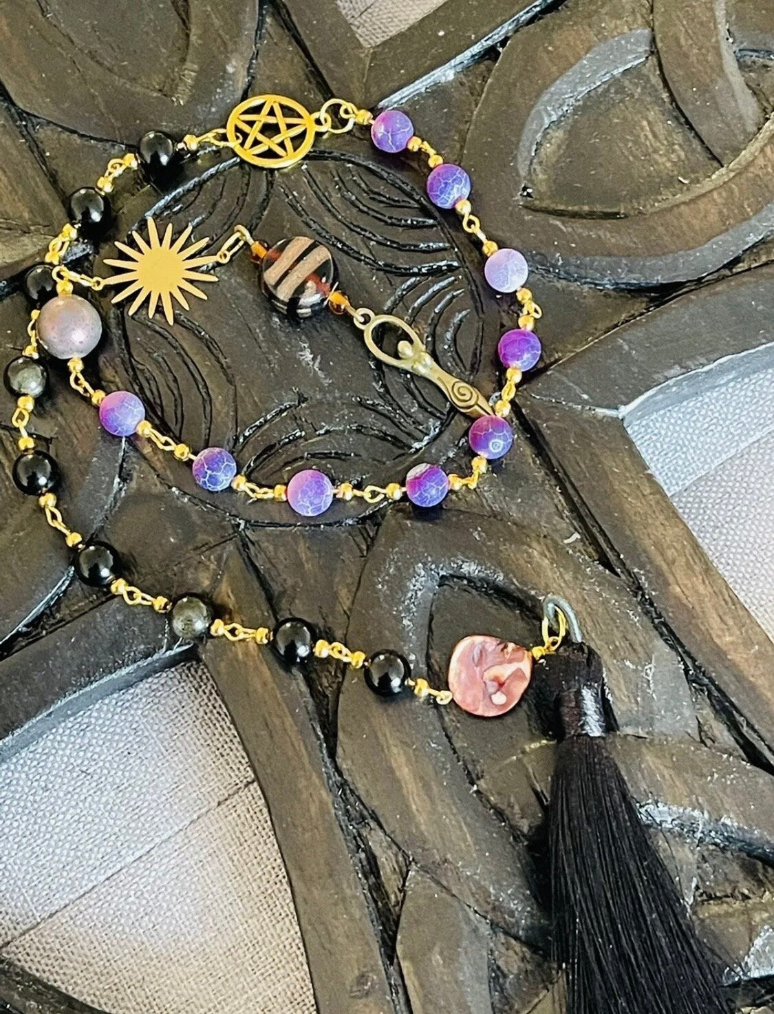 Power Protection and Transformation Goddess Pagan Rosary Purple Agate and Black Obsidian Wicca Witch Accessories