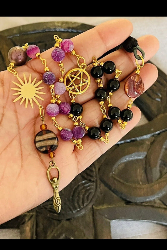 Power Protection and Transformation Goddess Pagan Rosary Purple Agate and Black Obsidian Wicca Witch Accessories