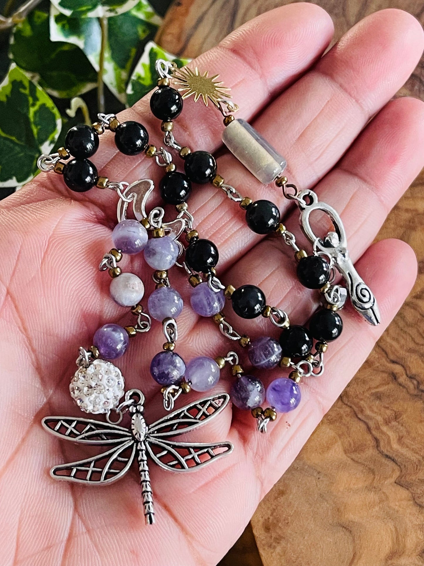 Crown Chakra Dragonfly Spiral Goddess Amethyst & Black Obsidian Healing Crystals Rosary Pagan Witch Wicca Path