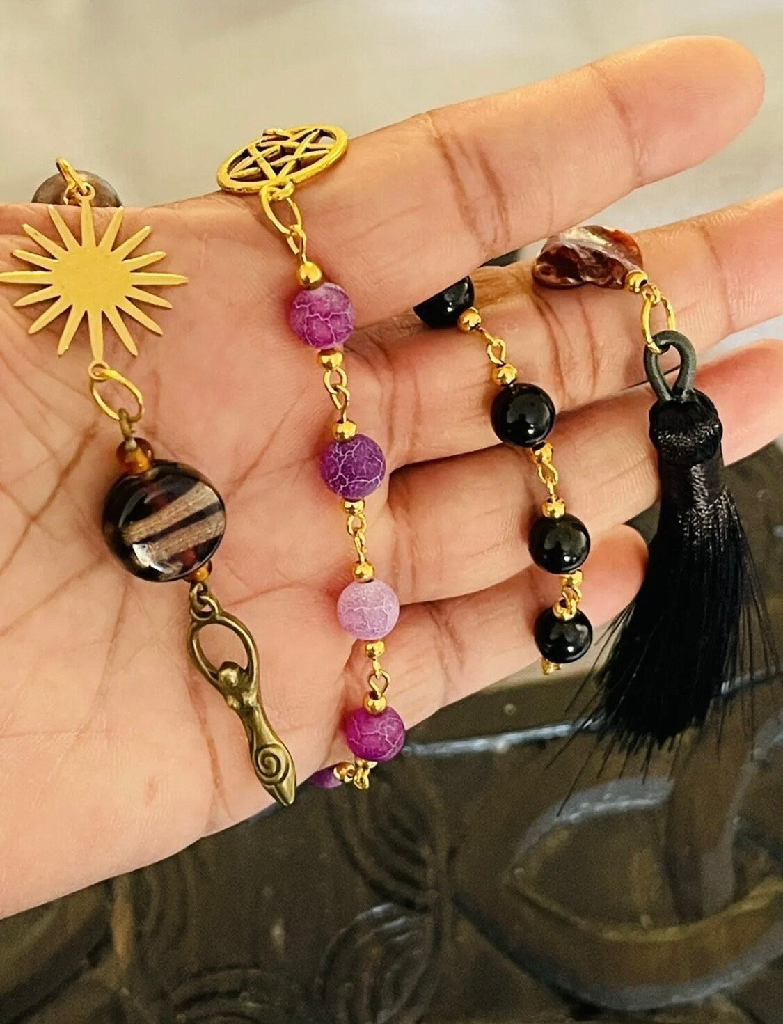 Power Protection and Transformation Goddess Pagan Rosary Purple Agate and Black Obsidian Wicca Witch Accessories