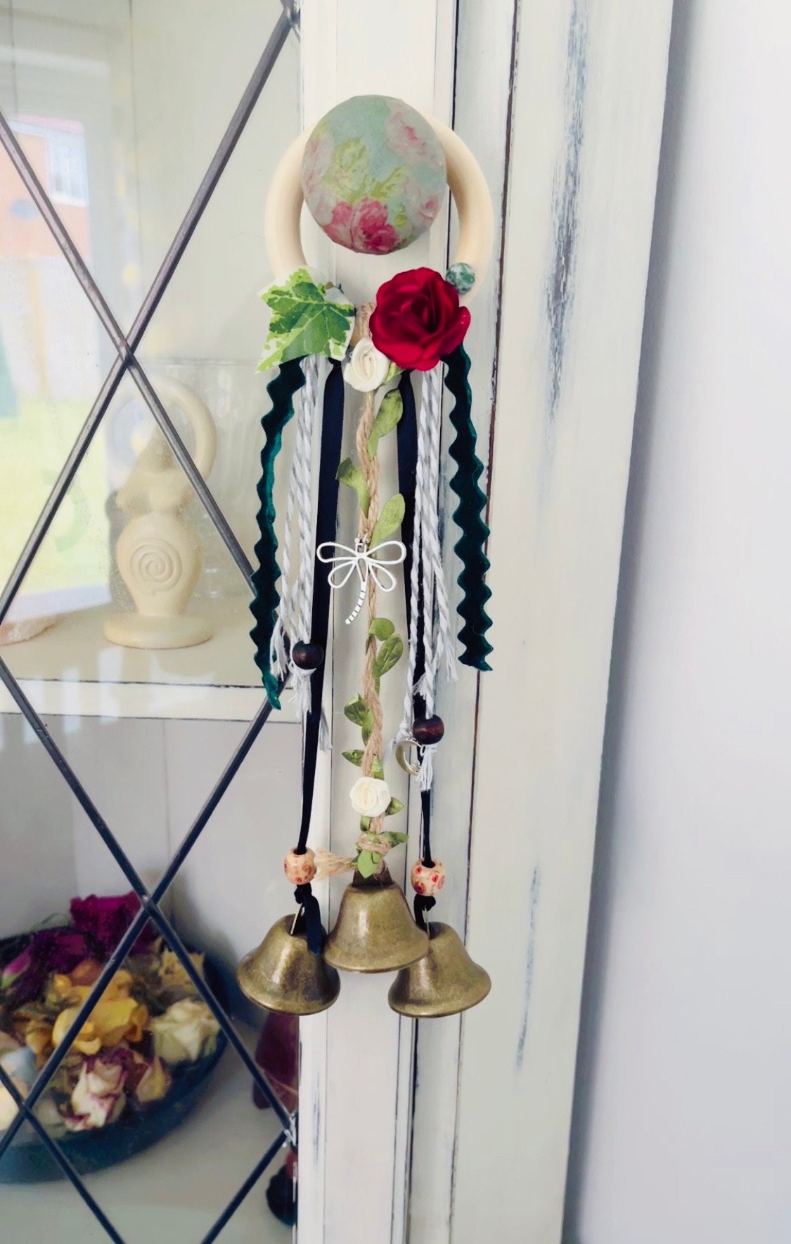 Woodland Rose and Faux Ivy Dragonfly Moon Witch Bells - Unique Wicca Pagan Home Protection Blessing Decor