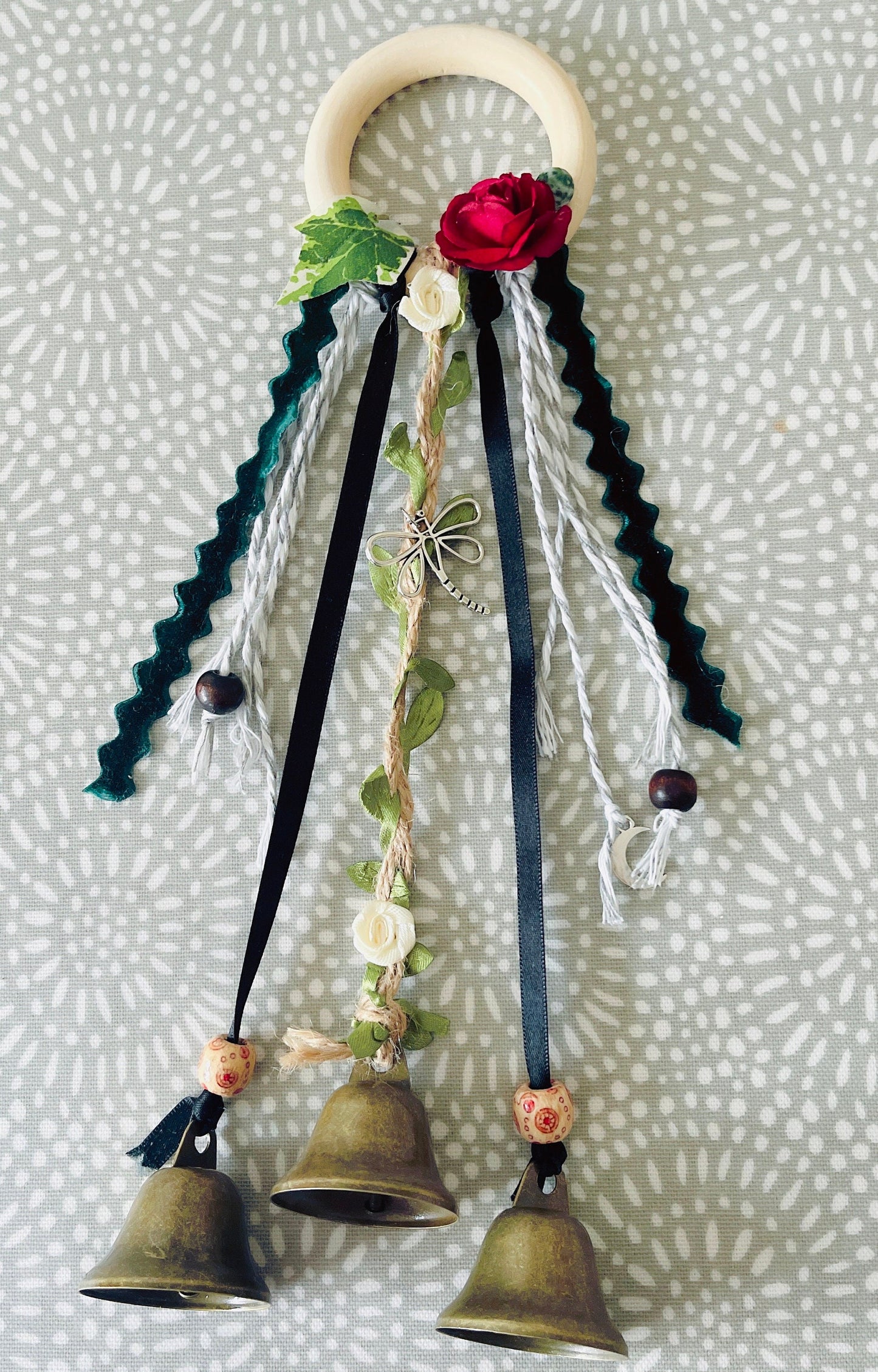 Woodland Rose and Faux Ivy Dragonfly Moon Witch Bells - Unique Wicca Pagan Home Protection Blessing Decor