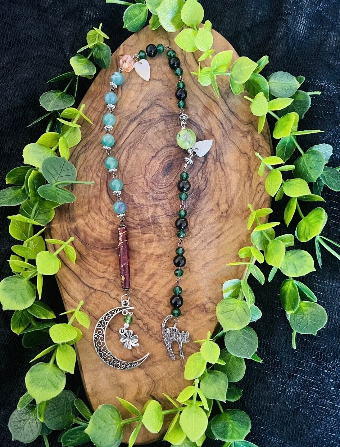 Luck Fortune and Abundance Witchy Cat Green Agate & Obsidian Rosary - Wicca Witch Pagan Moon Goddess