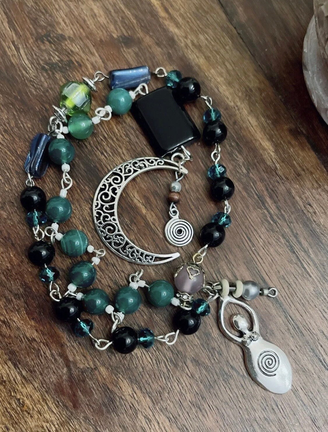 Luck Fortune Money Green Agate & Obsidian Rosary -Wicca Witch Pagan Moon Goddess