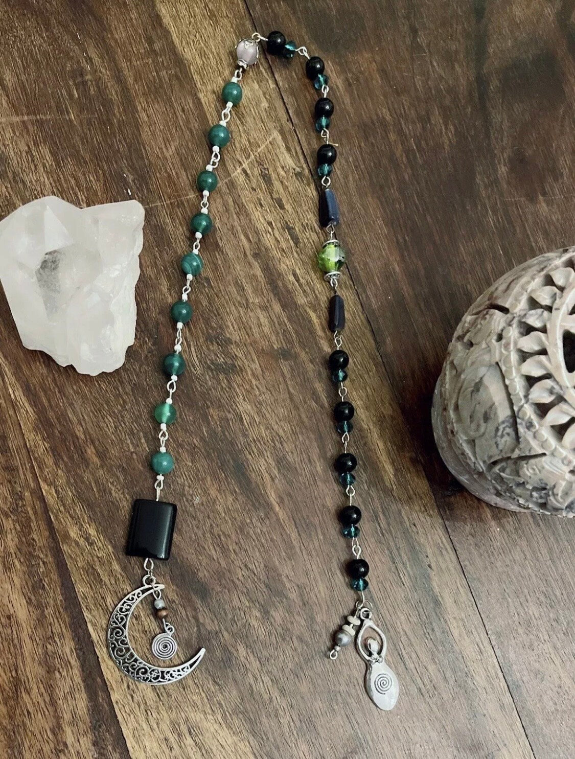 Luck Fortune Money Green Agate & Obsidian Rosary -Wicca Witch Pagan Moon Goddess