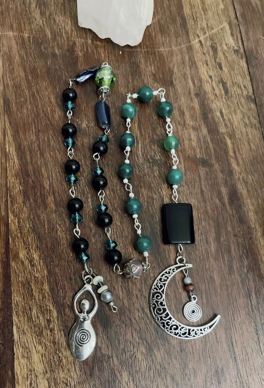 Luck Fortune Money Green Agate & Obsidian Rosary -Wicca Witch Pagan Moon Goddess