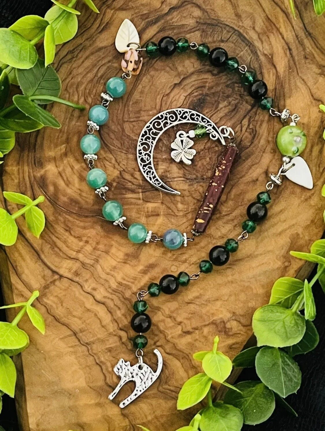 Luck Fortune and Abundance Witchy Cat Green Agate & Obsidian Rosary - Wicca Witch Pagan Moon Goddess