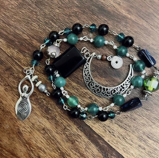 Luck Fortune Money Green Agate & Obsidian Rosary -Wicca Witch Pagan Moon Goddess