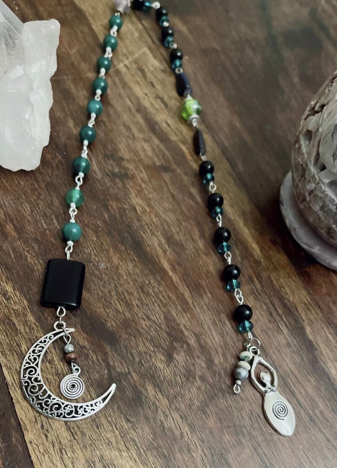 Luck Fortune Money Green Agate & Obsidian Rosary -Wicca Witch Pagan Moon Goddess