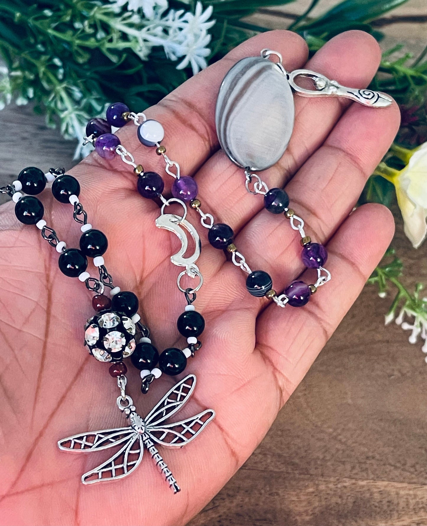 Crown Chakra Dragonfly Goddess Agate & Black Obsidian Healing Rosary Pagan Wicca Manifesting Rituals