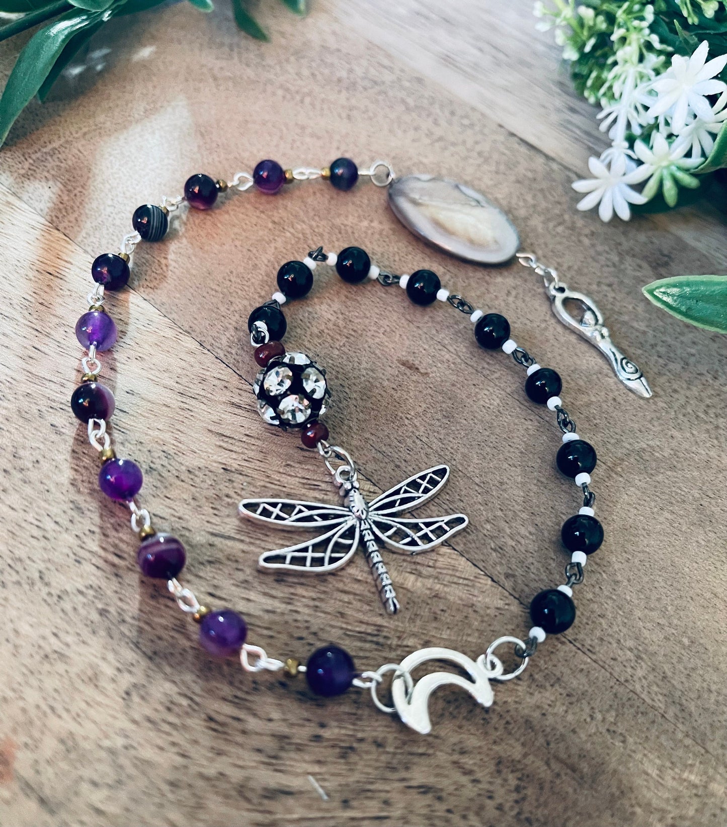 Crown Chakra Dragonfly Goddess Agate & Black Obsidian Healing Rosary Pagan Wicca Manifesting Rituals