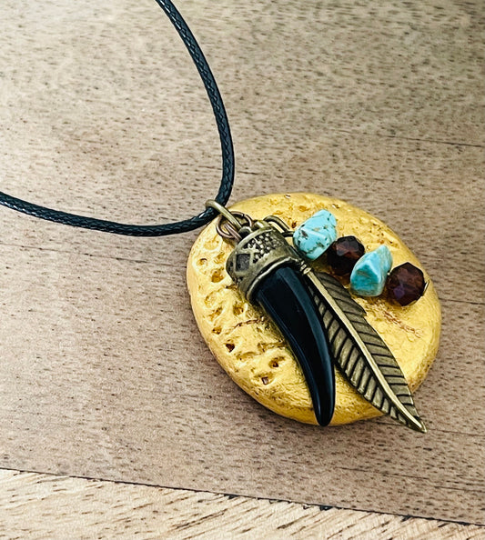 Native American Turquoise Crystal & Feather Tree of Life Necklace - Spiritual