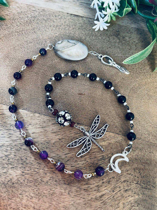 Crown Chakra Dragonfly Goddess Agate & Black Obsidian Healing Rosary Pagan Wicca Manifesting Rituals