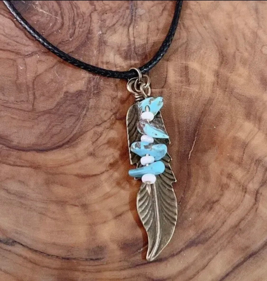 Native American Turquoise Crystal & Feather Pendant Necklace - Spiritual Shaman