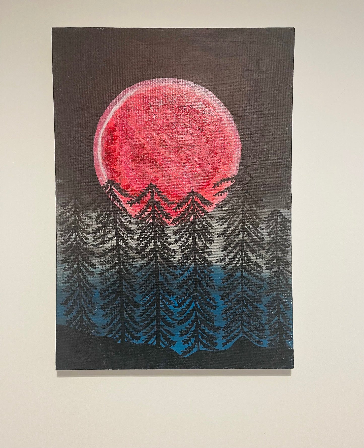 Strawberry Moon at Night - 30 x 40 cm Canvas Acrylic Painting Unique One Off Gift