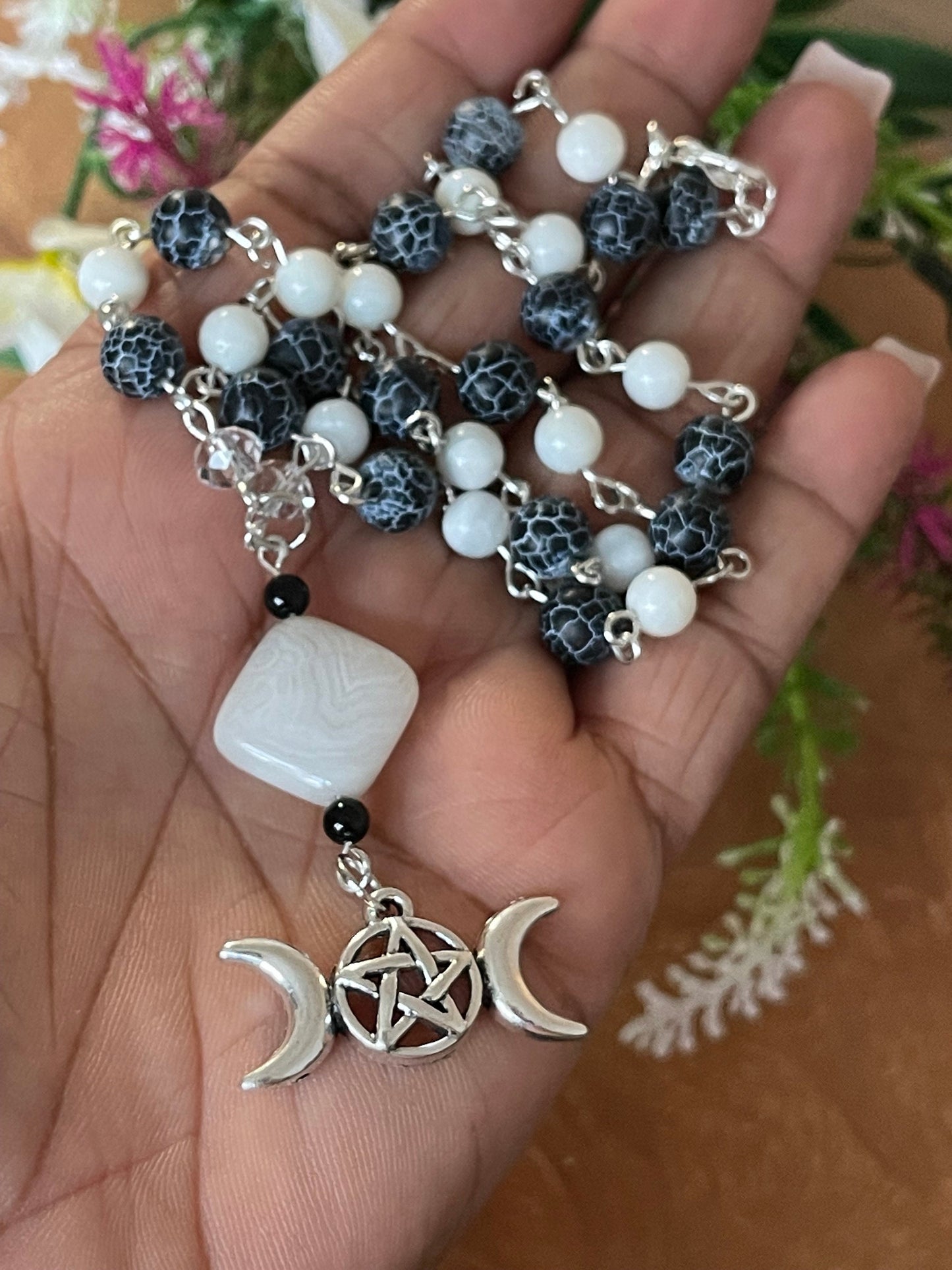 Triple Moon Goddess Black and White Agate Stone Necklace - Wicca Pagan Protection Jewellery