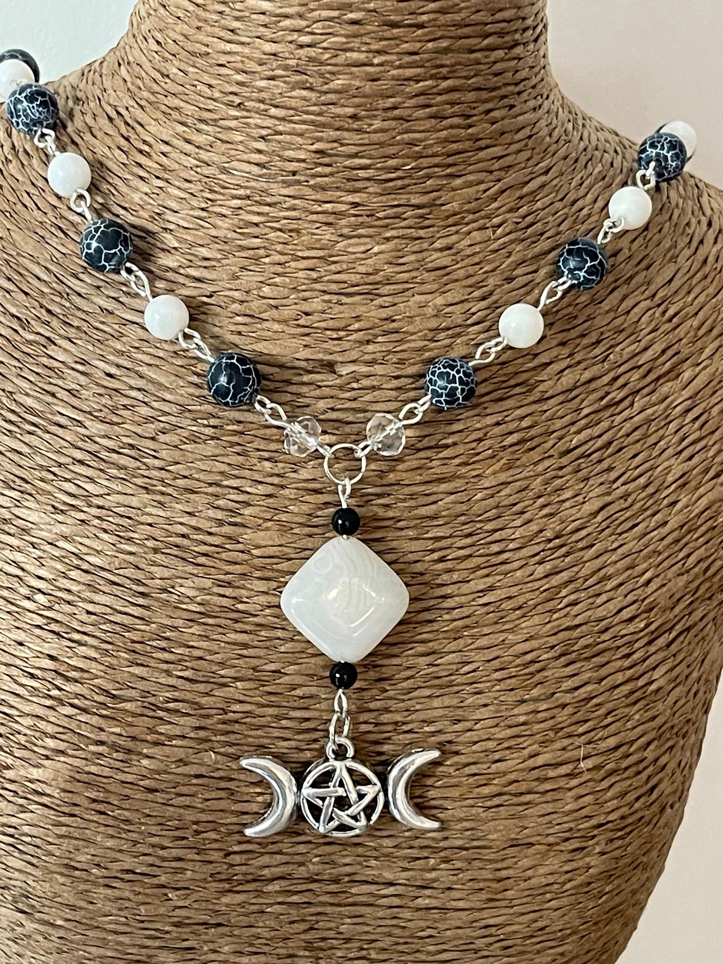 Triple Moon Goddess Black and White Agate Stone Necklace - Wicca Pagan Protection Jewellery